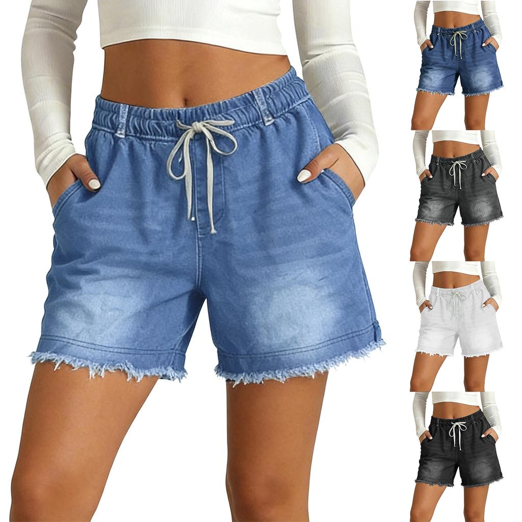 Women’s Drawstring Waist Casual Denim Shorts with Frayed Hem Relaxed Fit and Side Pockets for Everyday Wear