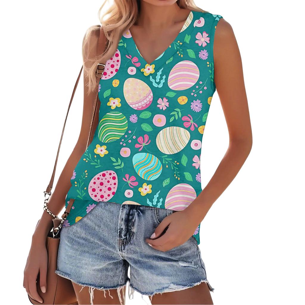 Modny Damski Casualowy Wszechstronny Letni Top na Ramiączkach z Nadrukiem Wielkanocnym Slim-Fit