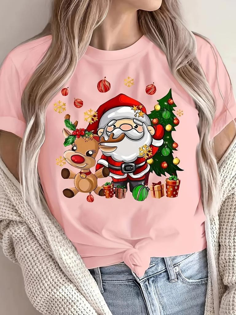 Tricou cu gât rotund cu imprimeu Moș Crăciun și reni de Crăciun Harajuku cu mânecă tricou de damă îmbrăcăminte topuri de stradă tricouri haine estetice