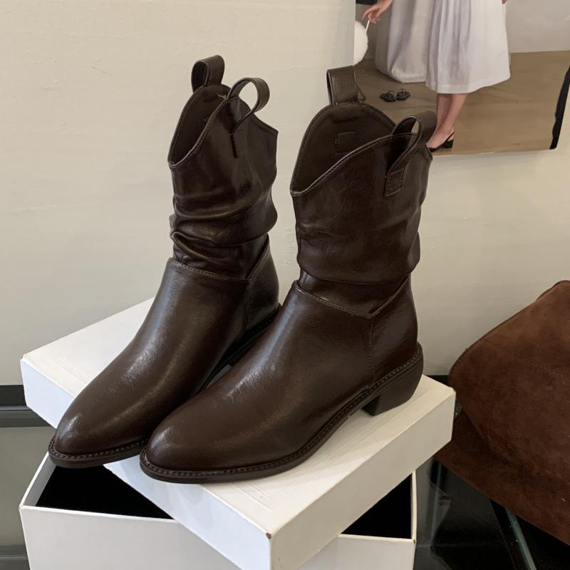 

Рут то же 2025 толстый каблук острый носок средняя труба сапоги-чулки женские ретро западные ковбойские сапоги рыцарские сапоги 40 темно-коричневого