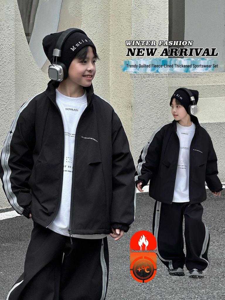 2025 Autumn/Winter Boys' Trendy Fleece Two-Piece Sports Set