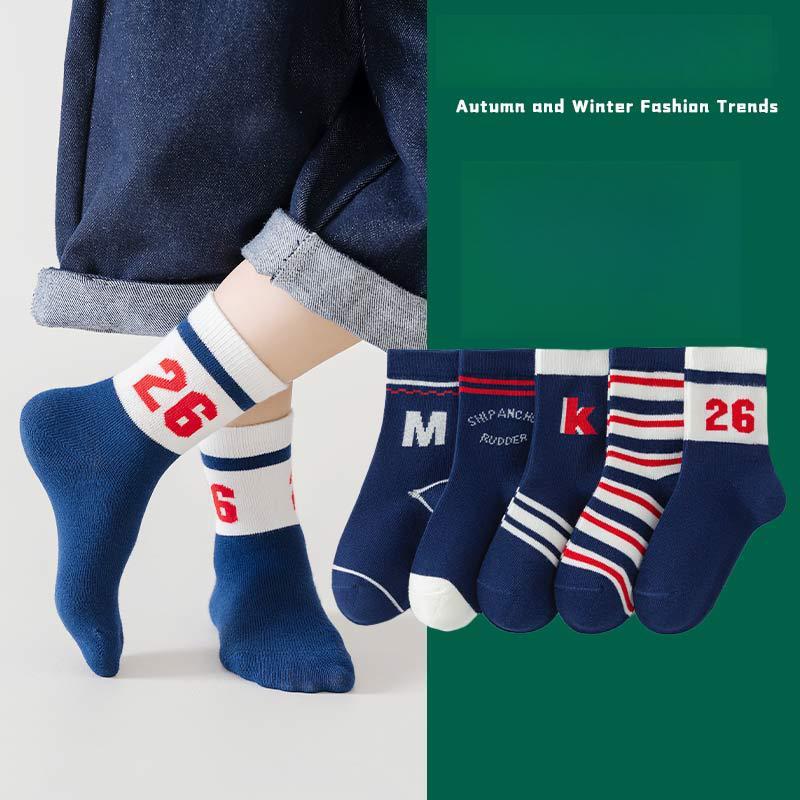 5Pairs/Set Cute Baby Boy Socks Autumn Winter Cotton Kids Mid Tube Sock Vintage Navy Blue Striped Children Athletic Socks
