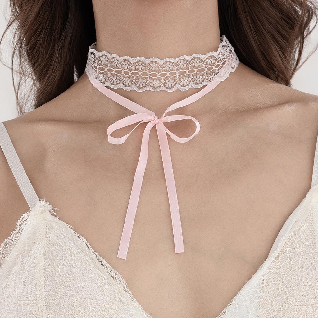 Sweet Bow White Lace Double Neck Chain Choker Simple Ribbon Knotted Collar Women