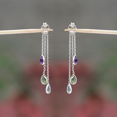 Ametyst Peridot Modrý Topaz Dámské Náušnice 925 Sterlingové Stříbro Ručně Vyráběné Šperky Pevné Visací Náušnice