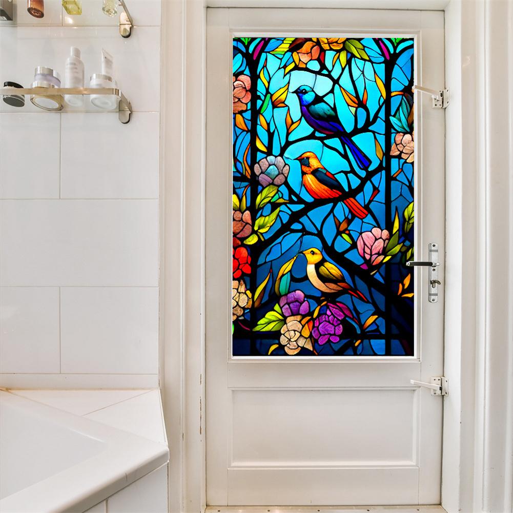 Bunte Blumen-Vogel-Buntglas-Fensterfolie, nicht klebend, UV-blockierend, Wärmeisolierung, dekorativ, statisch haftend