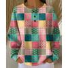 Women's Crew Neck Three‑Button Placket Color‑Block Striped Waffle Knit Loose Long Sleeve Top