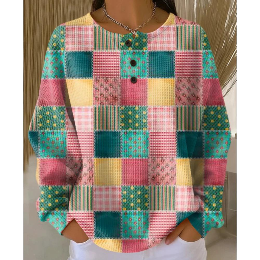 Women's Crew Neck Three‑Button Placket Color‑Block Striped Waffle Knit Loose Long Sleeve Top