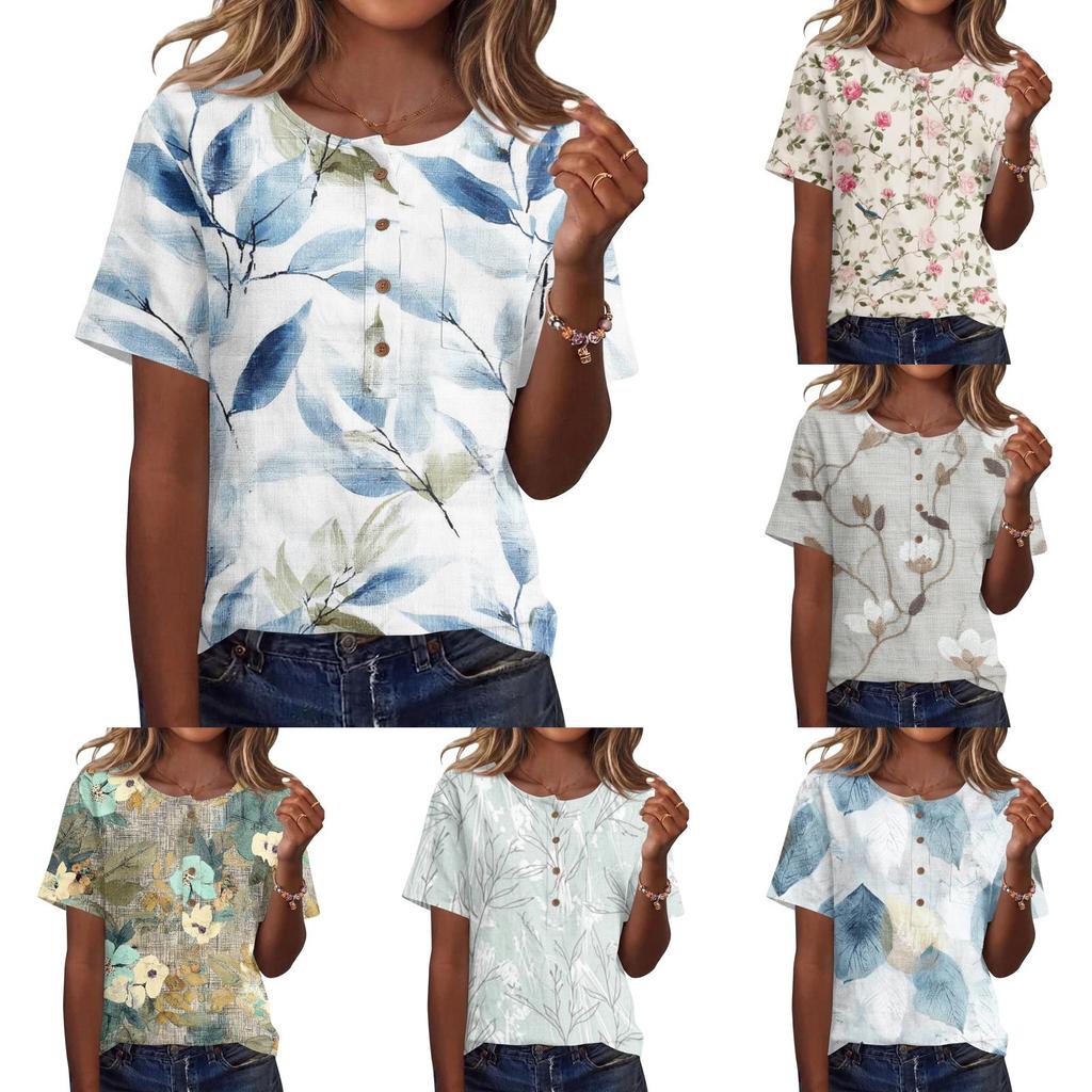 Women's Short Sleeve Shirt Printed Cotton Linen Blouse Casual Button Top