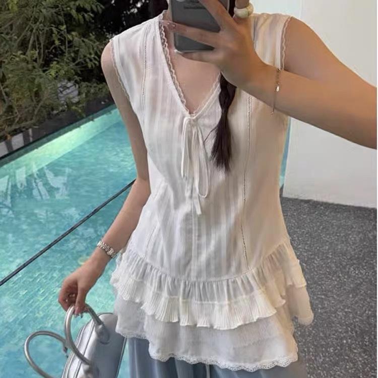 Stacked Sleeveless Vest Skirt Women's Summer French Babes Bow Lace Edge Suspender Base White Inner Top