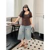 Plus Size Women Clothing [Chic Jeans] Childlike Puppy Embroidered Wide-Leg Pants Summer New High Waist Capri Pants