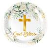 Baby Communion & Christening Tableware Set: White Floral & Cross Paper Plates, Tablecloth Decoration
