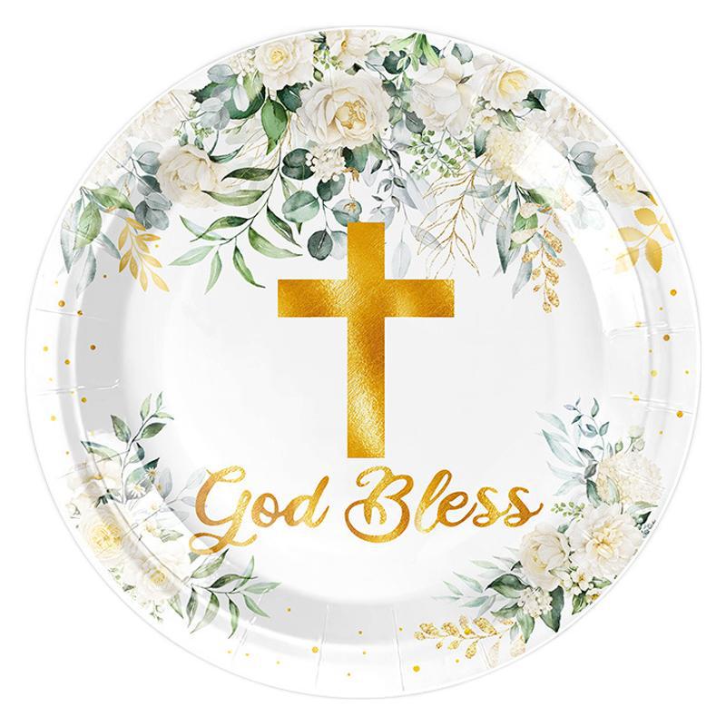 Baby Communion & Christening Tableware Set: White Floral & Cross Paper Plates, Tablecloth Decoration