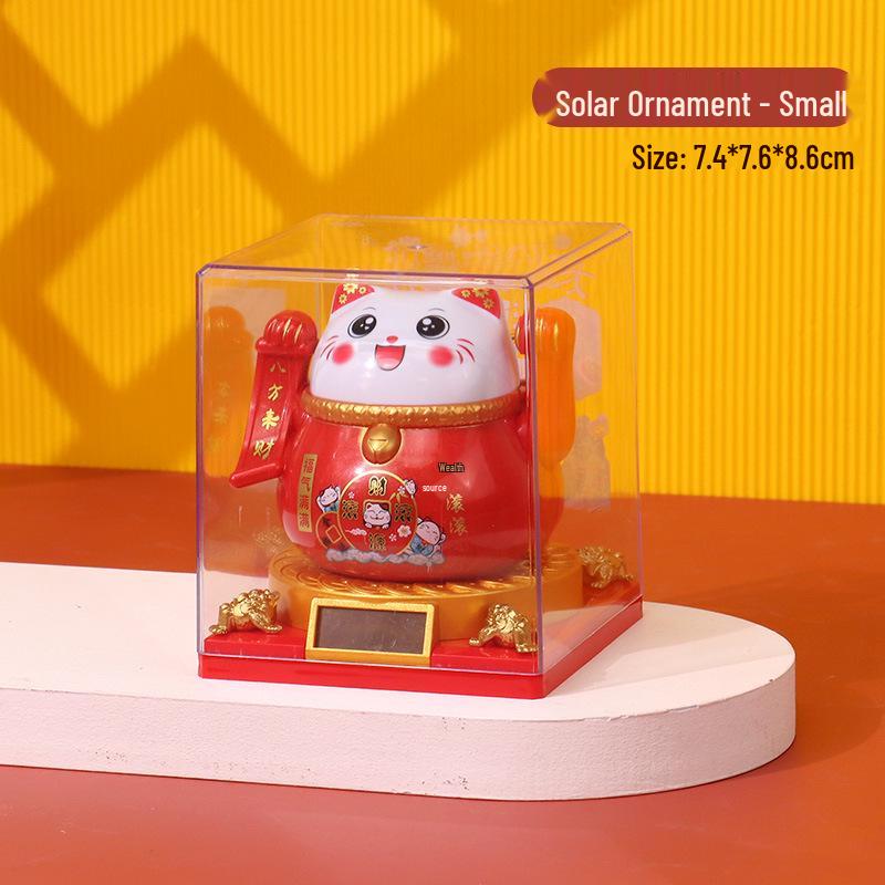 335 New Small Solar Waving Lucky Cat Ornament for Cake, Home, or Car Decoration
