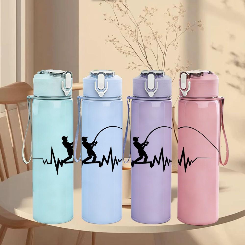 1PC Fishing Rod Heartbeat Line Art Print 750ml Color Plastic Sports Water Bottle Leakproof Flip Straw Lid Suitable for Sports Office Home Use