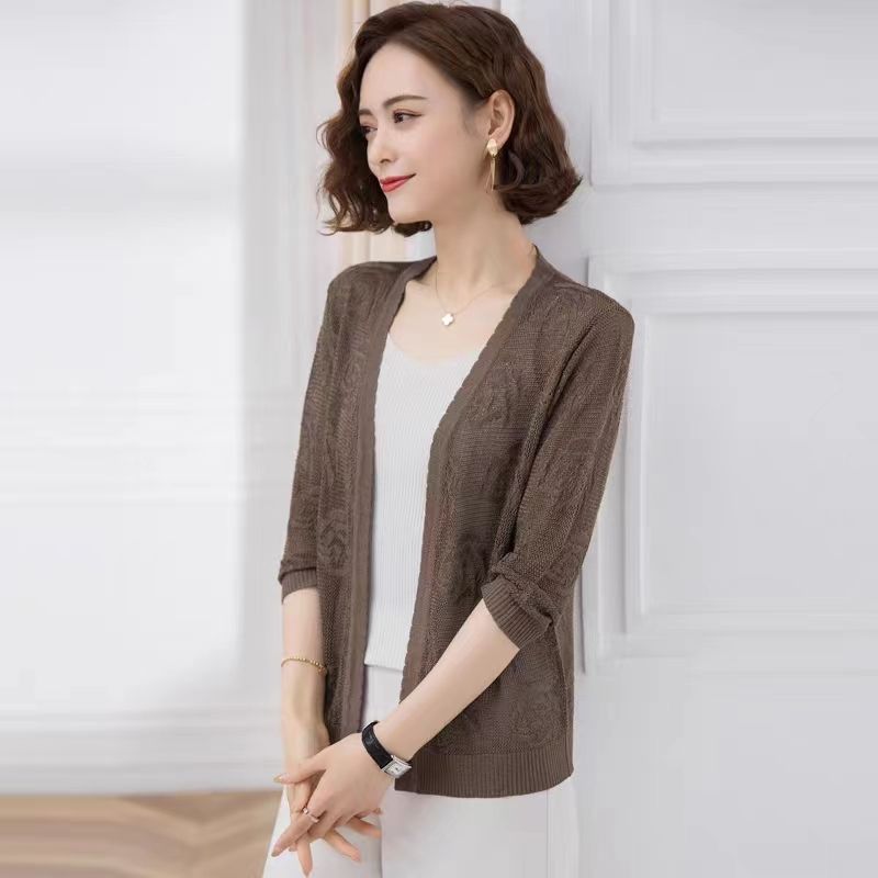 Middle Aged and Elderly Women's Long Knitted Cardigan with Summer Hollow Out Thin Design Paired with A Shawl and Air Conditioning Shirt