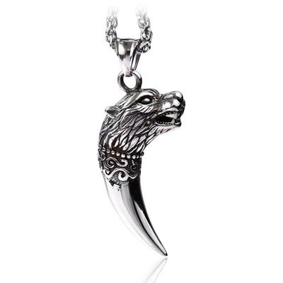 Cool Mens Viking Wolf Head Tooth Teeth Pendant Necklace Stainless Steel Chain