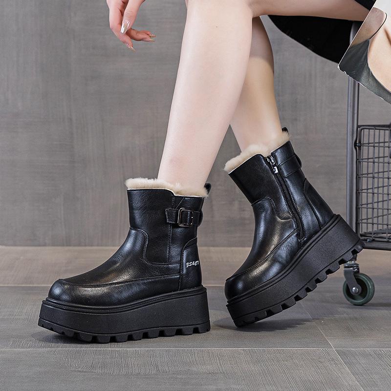 Leather Platform Martin Boots Women's Autumn and Winter New Small Velvet British Retro Short Boots