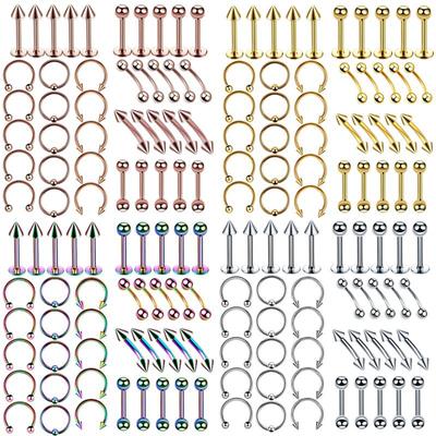 Kit de piercing corporal, joias, piercing de aço inoxidável, língua, tragus, cartilagem, sobrancelha, nariz, anel, lábios, joias corporais