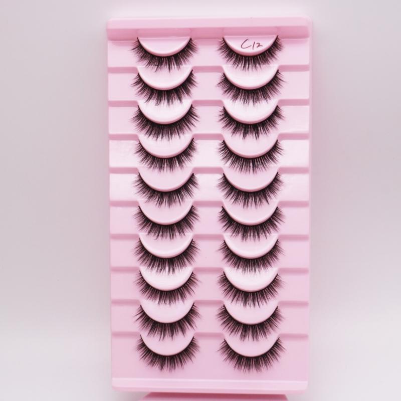 Low Price Glitter Lashes Natural Fluffy Half Lashes Faux Mink Korean Pbt Fiber 10 Pairs 12mm Mink Eyelashes