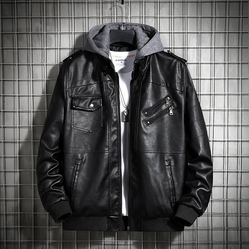 Hooded Leather Jacket for Men, Winter Leather Coat, Youth Coat, Men's Motorcycle Leather Coat