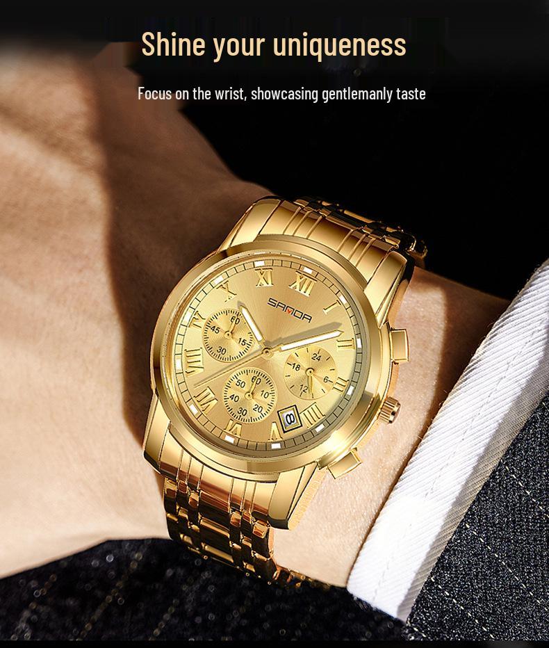 Sanda Men's Waterproof Luminous Quartz Watch - Fashionable Three-Eye Six-Hand Design with Steel Band.