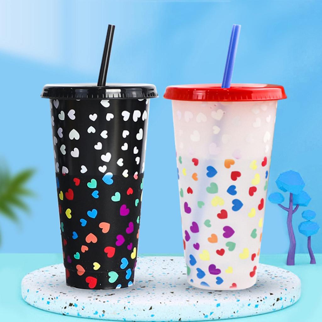 25oz Straw Water Cups with Lid Color Changing Drinking Bottles Single Layer Stackable Reusable Valentines Day