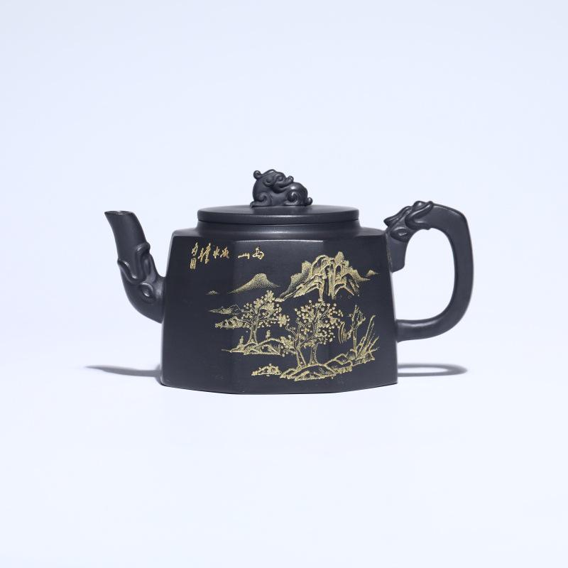 

Исинский чайник из цзыша: Черная глина от известного художника - Элегантный и изысканный дизайн.