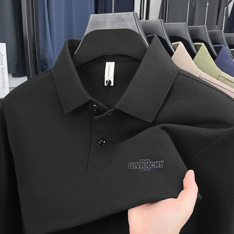 Wovey Katoenen Heren Poloshirt van Designer Kwaliteit met Kraag Lange Mouwen T-shirt Herfst Effen Kleur Print Mode Zakelijke Herenkleding Top XL zwart