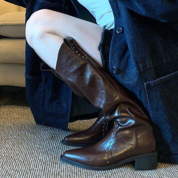 

Западные ковбойские сапоги сапоги до колена сапоги на высоком каблуке для женщин сапоги-рыцари с шипами с острым носком для женщин 40