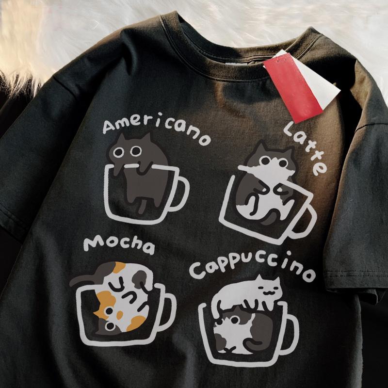 Katze Kaffee Reine Baumwolle Trendiges Sommer Locker Kurzärmeliges T-Shirt Unisex Damen Original Mokka Latte Katze Drei Blumen Lustige Katzen-T-Shirts