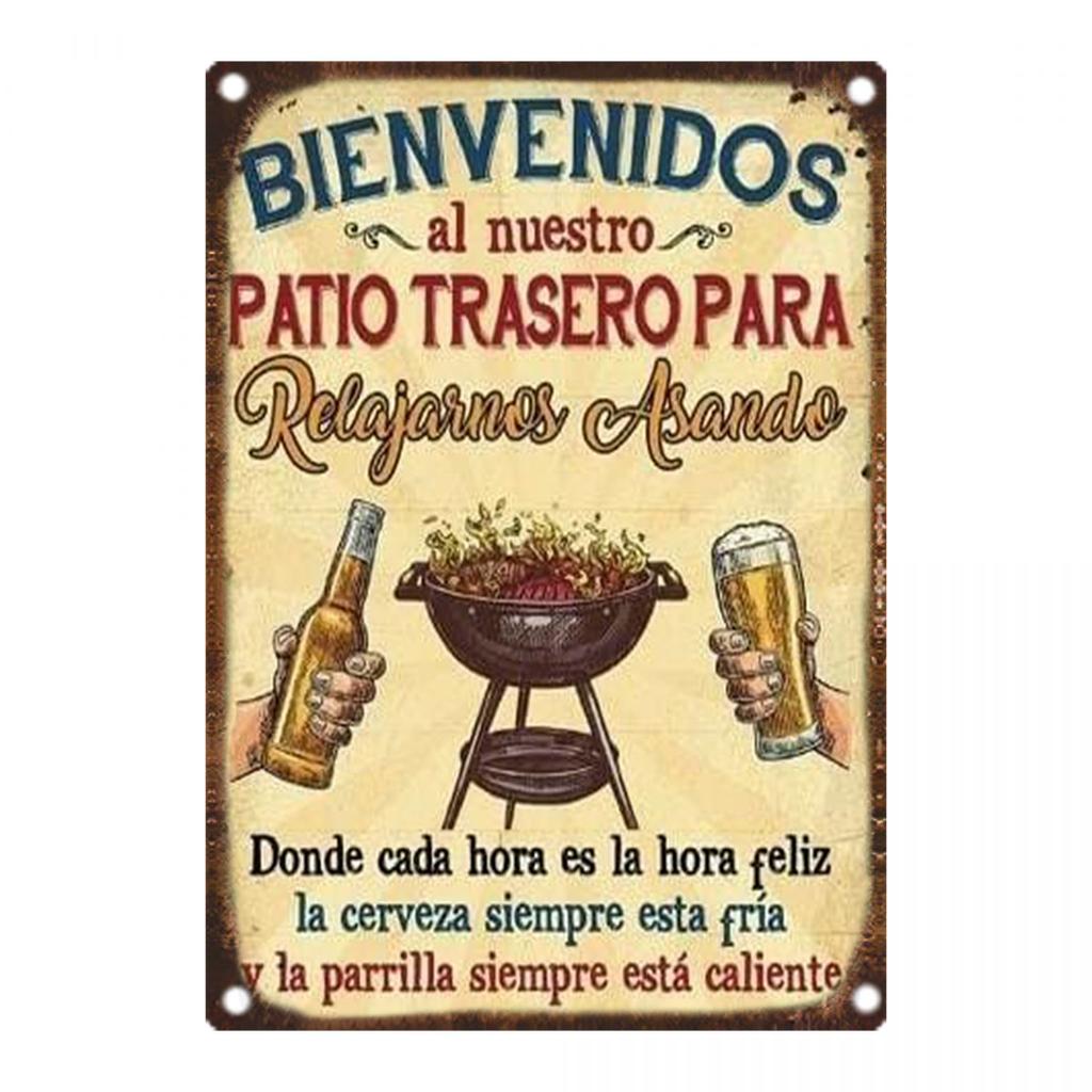 Vintage BBQ Metal Sign "Bienvenidos al Nuevo Patio Trasero Parrilla" - Rustic Home & Garden Decor, Durable Wall Art with