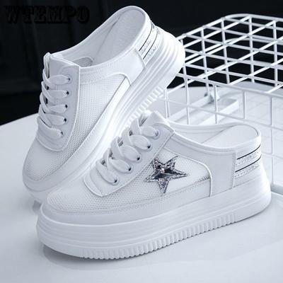 High Heel Thick Sole Slippers Female Summer Hollow Breathable Lazy Shoes Thick Bottom Increase Slip On Mesh Shoes Female