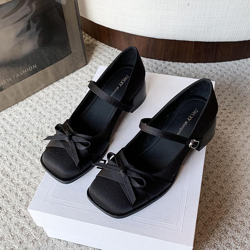 Fashion New Coarse Heel Shoes for Women Square Head Shallow Mouth Butterfly Knot Cloth Line with Anti-slip Wear-resistant Heel Shoes