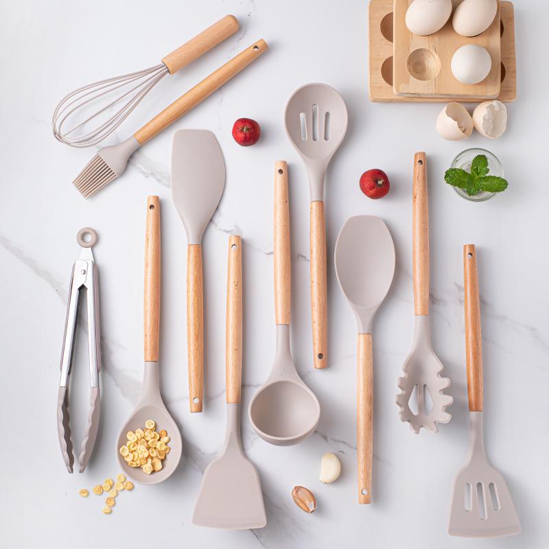 12-Piece Silicone Kitchen Tool Set with Wooden Handles & Storage Bucket