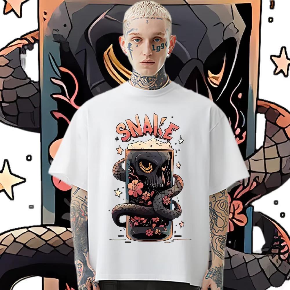 Snake Around Cup Shirt Short Sleeve O-Neck Clothes Hip Hop Men's Tshirt HD Graphic Printing Tee Causal Tops Oversize T-shirt