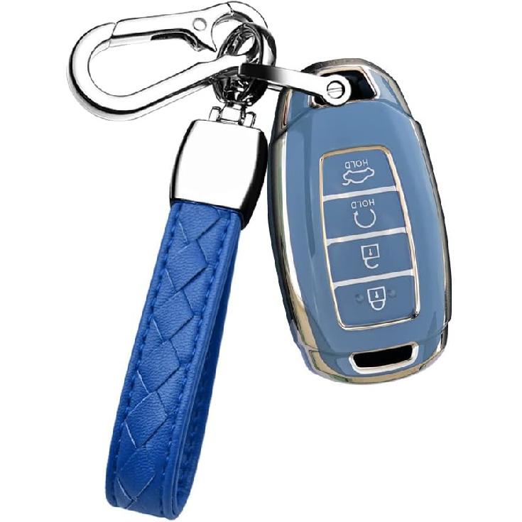 HIBEYO Key Fob Cover for 2018 2019 2020 2021 2022 Hyundai Santa Fe Venue Kona Veloster Palisade Elantra GT Accessories with Keychians Key Case Shell