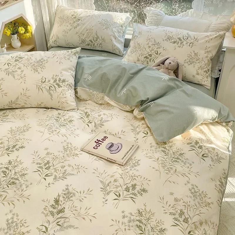 Green Floral Duvet Cover Set No Filler Pillowcase Flat Sheet Fashion Single Queen Size Girls Blanket Decoration Bedding Set