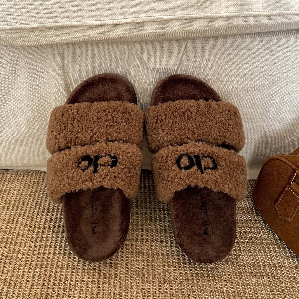 Retro black French thick-soled one-word fluffy slippers for women's outer wear 2025 new autumn heightening soft-soled cotton slippers