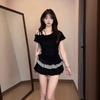 Koreanischer Stil One-Shoulder Spicy Girl Karomuster Spitzen-Patchwork Camisole Top - Damen Sommer Slim Fit Kurzarm-T-Shirt