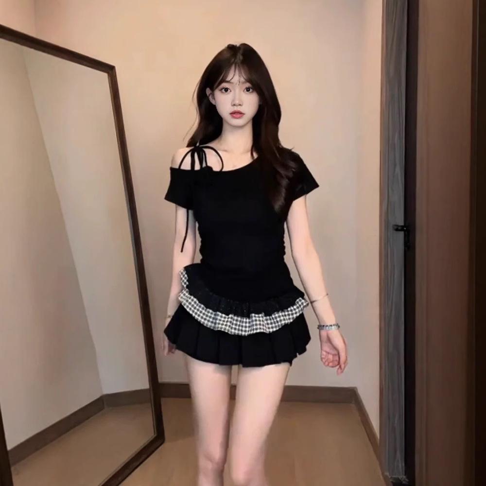 Koreanischer Stil One-Shoulder Spicy Girl Karomuster Spitzen-Patchwork Camisole Top - Damen Sommer Slim Fit Kurzarm-T-Shirt