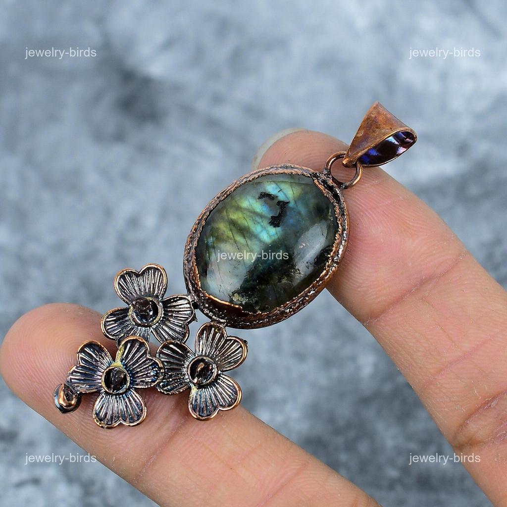 Round Labradorite Stone Copper Unique Anniversary Wedding Electroformed Pendant VP-16