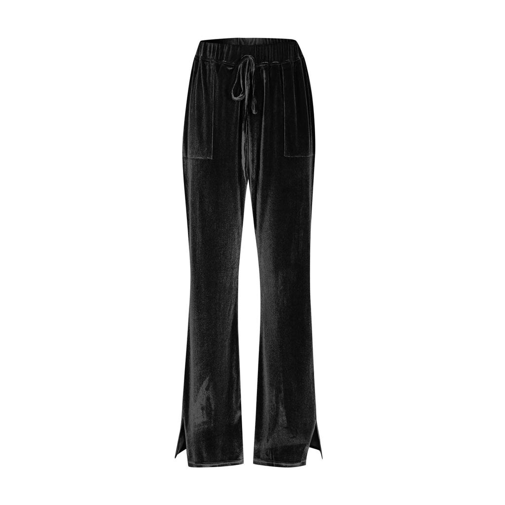 Women's Fashion Color Gold Velvet High Waist Drawstring With Pocket Horn Casual Pants