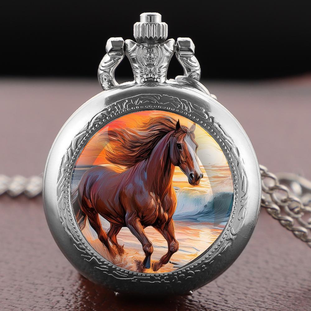 Sunset Sea Galloping Horse Design Pocket Watch Vintage Women's Necklace Pendant Clock Men's Watch Children Souvenirs Gifts