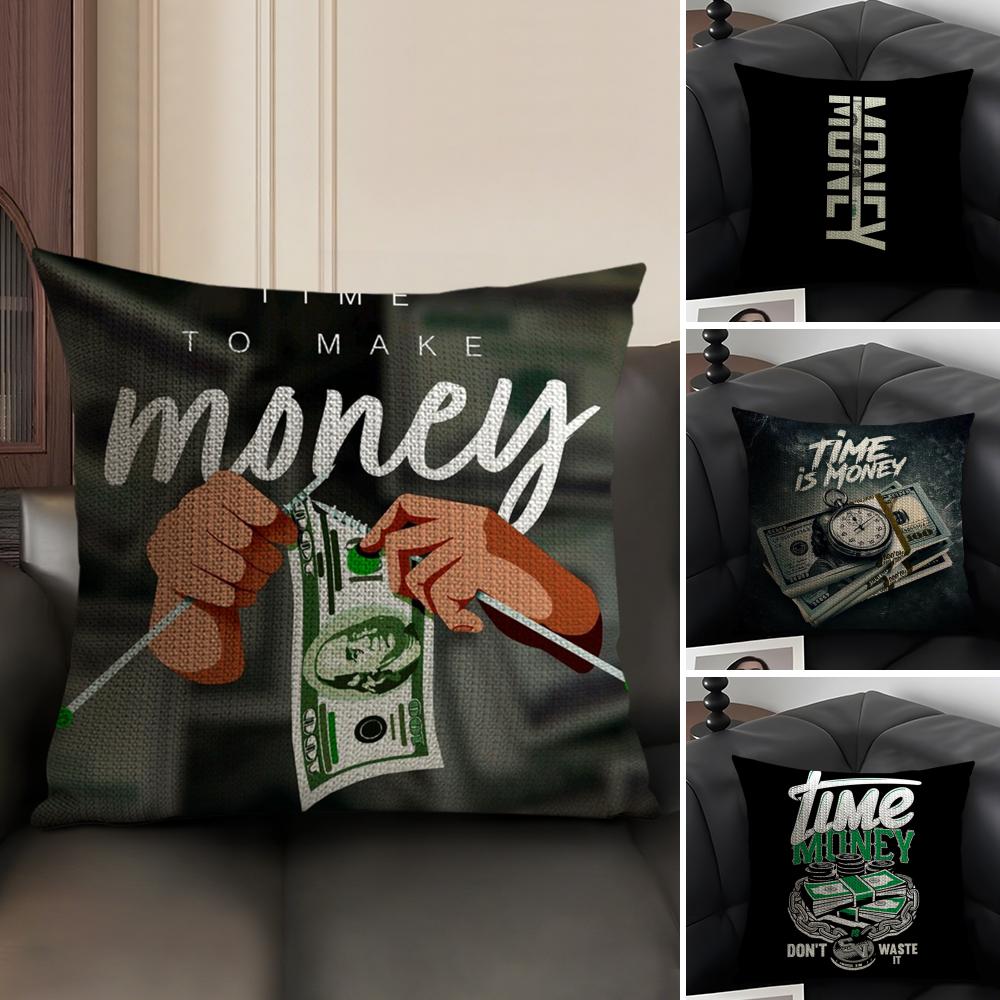 Funny Time is Money Cushion Cover Natural Linen Organic Fabric DoubleSided Printing Sofa Home Decor Breathable Environmentally