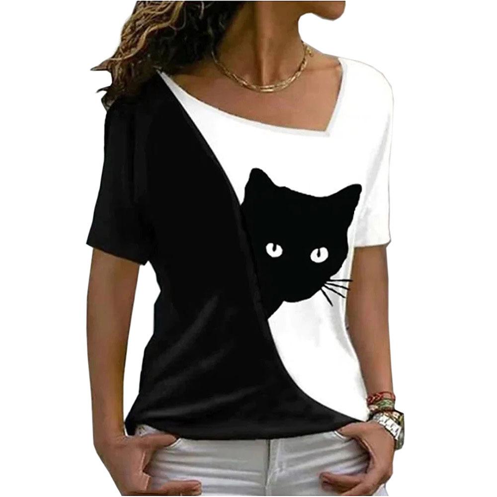 

Summer Slant Neck Cat & Dog Pattern 3D Print Top Fashionable Casual Color Blocked Short Sleeved Women s T-shirts S