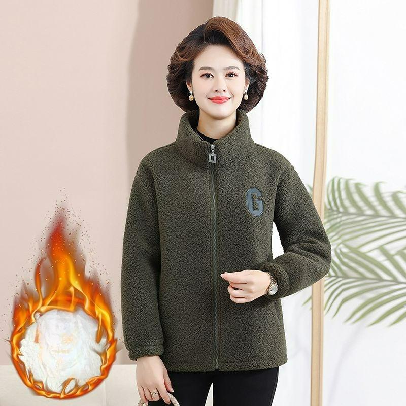 Mother's Autumn Granular Fleece Lamb Wool Jacket Women's Western Style Plus Fleece Sweater Women's Plus Size Casual Jacket Top