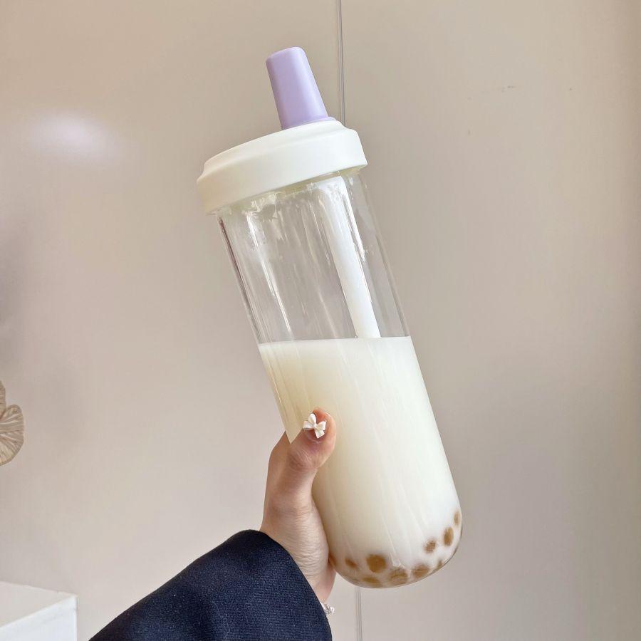 500/850ml Mignonne Bouteille d'Eau en Plastique avec Paille Thé au Lait Perlé avec Couvercle de Tasse Tasses à Café à Bulles Anti-chute Grande Capacité Boissons