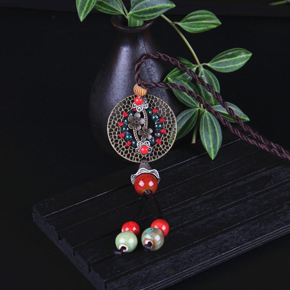 GEMCHIC Women s Vintage Chinese Style Long Sweater Necklace with Ceramic Pendant and Tassel Beads, Ethnic Retro Statement Jewelry