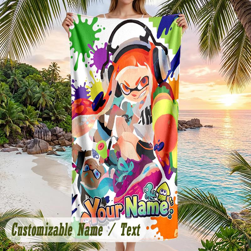 Splatoon Beach Towel, Personalized Custom Text, Quick Dry Soft Large Towel For Swimming Pool Travel