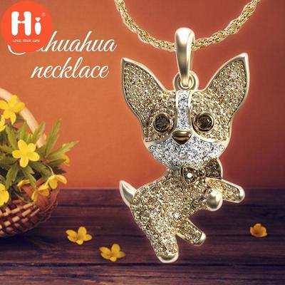 Hallo Chihuahua-Hund-Halsketten-Anhänger, Diamant-Anhänger, brauner Edelstein, Tier-Accessoires, elegante Damen-Halskette